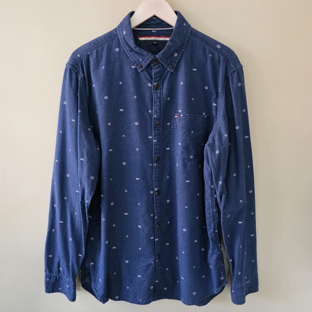 Tommy Hilfiger L Y2K Eclectic Preppy Western Chambray Denim Button Down Shirt